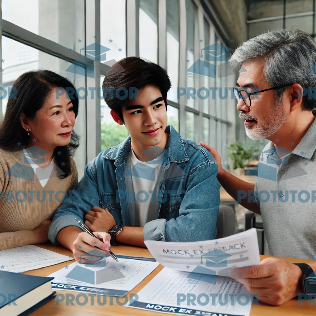Tutor providing mock exam feedback to a parent and student in a tutoring session.
