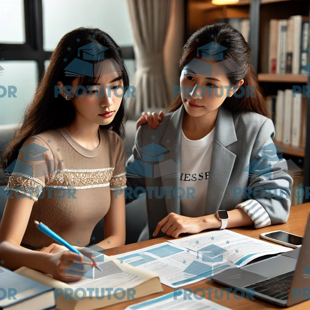 一位专业的女导师正在向学生解释IGCSE和GCSE课程内容，学生认真听讲并记笔记。 