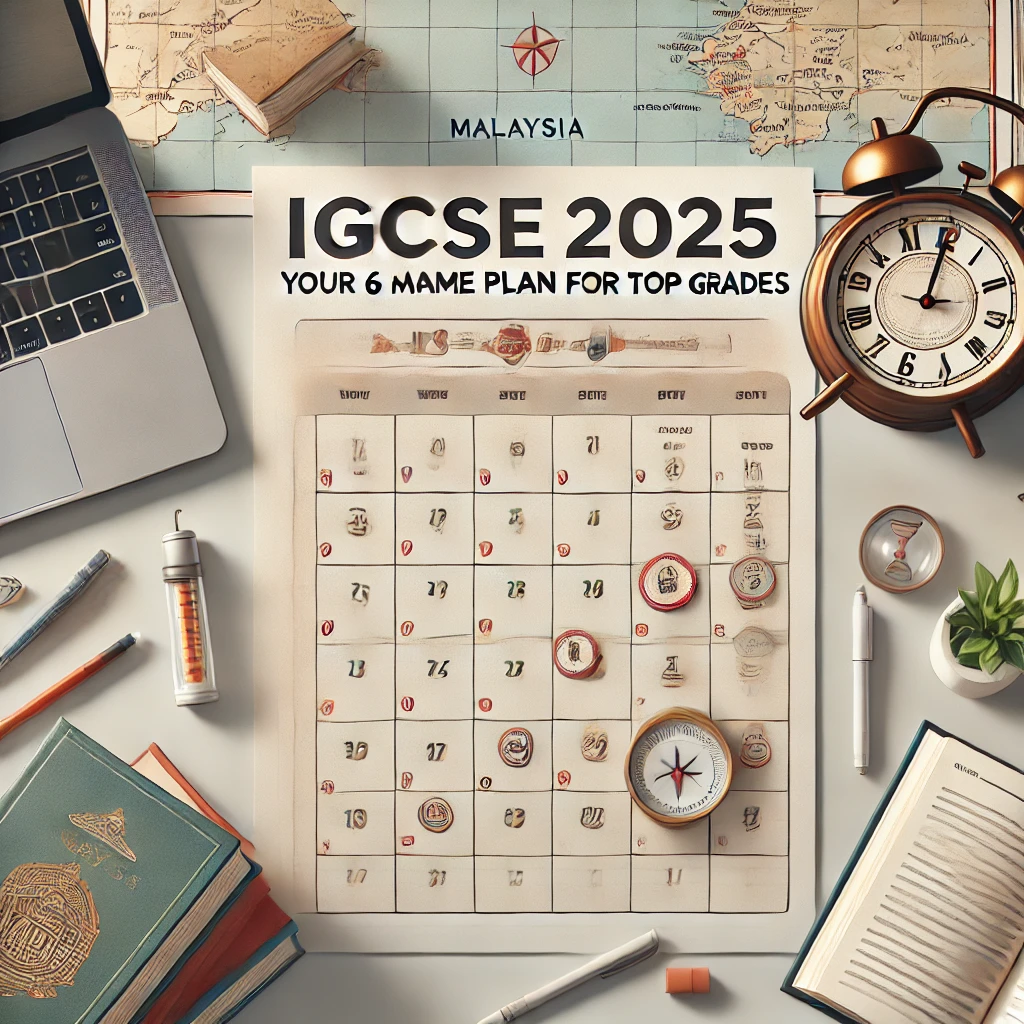 Calendar marked with months leading to IGCSE 2025, study tools including books, a laptop, and a clock symbolizing preparation and planning for exams in Malaysia.