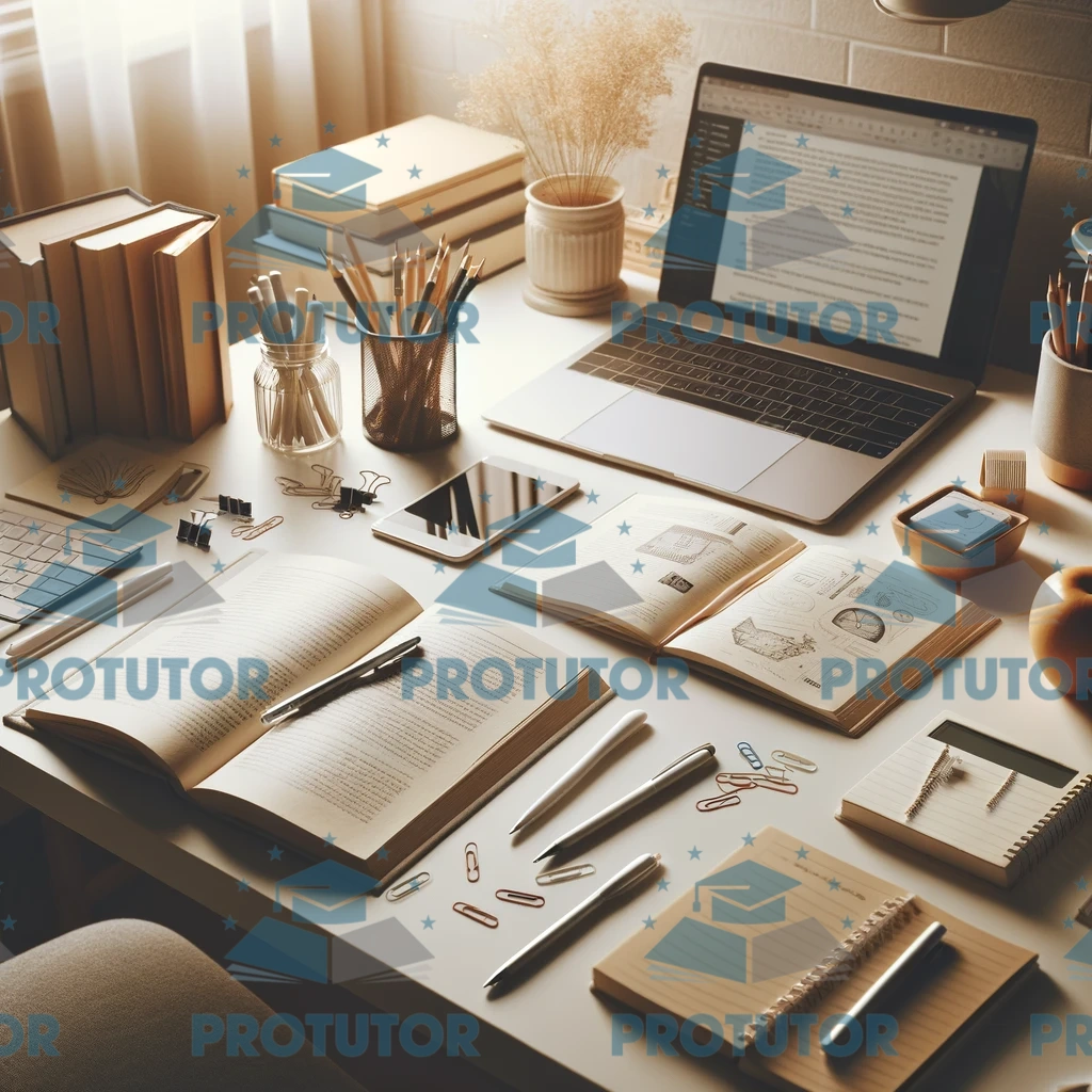 An organized study desk setup with open books, notes, a laptop, and stationery under warm light, inspiring a focused and study-ready atmosphere.