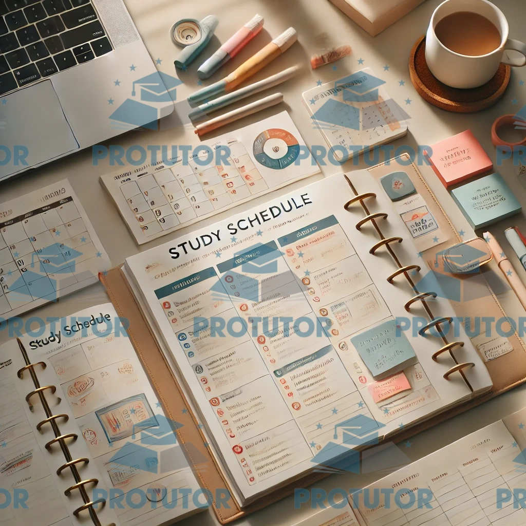 Close-up of a study planner and calendar on a desk with a checklist, highlighted dates, and colorful sticky notes, symbolizing structured study preparation and time management.