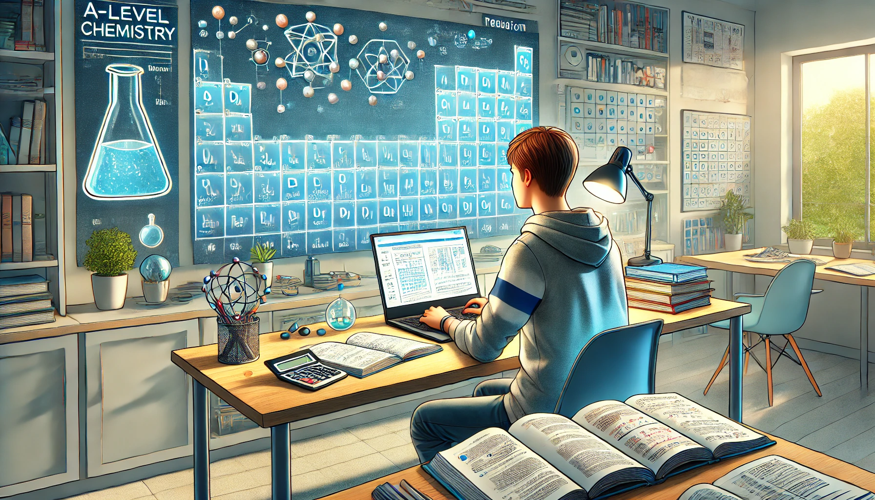 Student using digital tools for A-Level Chemistry revision in 2024 with books and periodic table