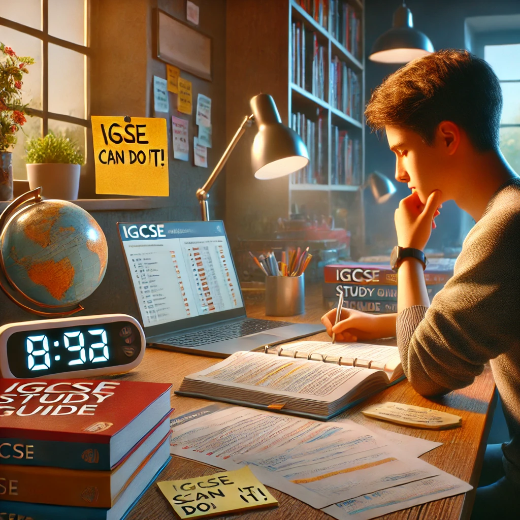 "Focused student studying for the IGCSE exam at a desk with labeled exam papers, an 'IGCSE Study Guide' book, a digital timer displaying a countdown, and a sticky note reading 'You Can Do It!' in a cozy, well-lit study room with a bookshelf and a globe in the background."