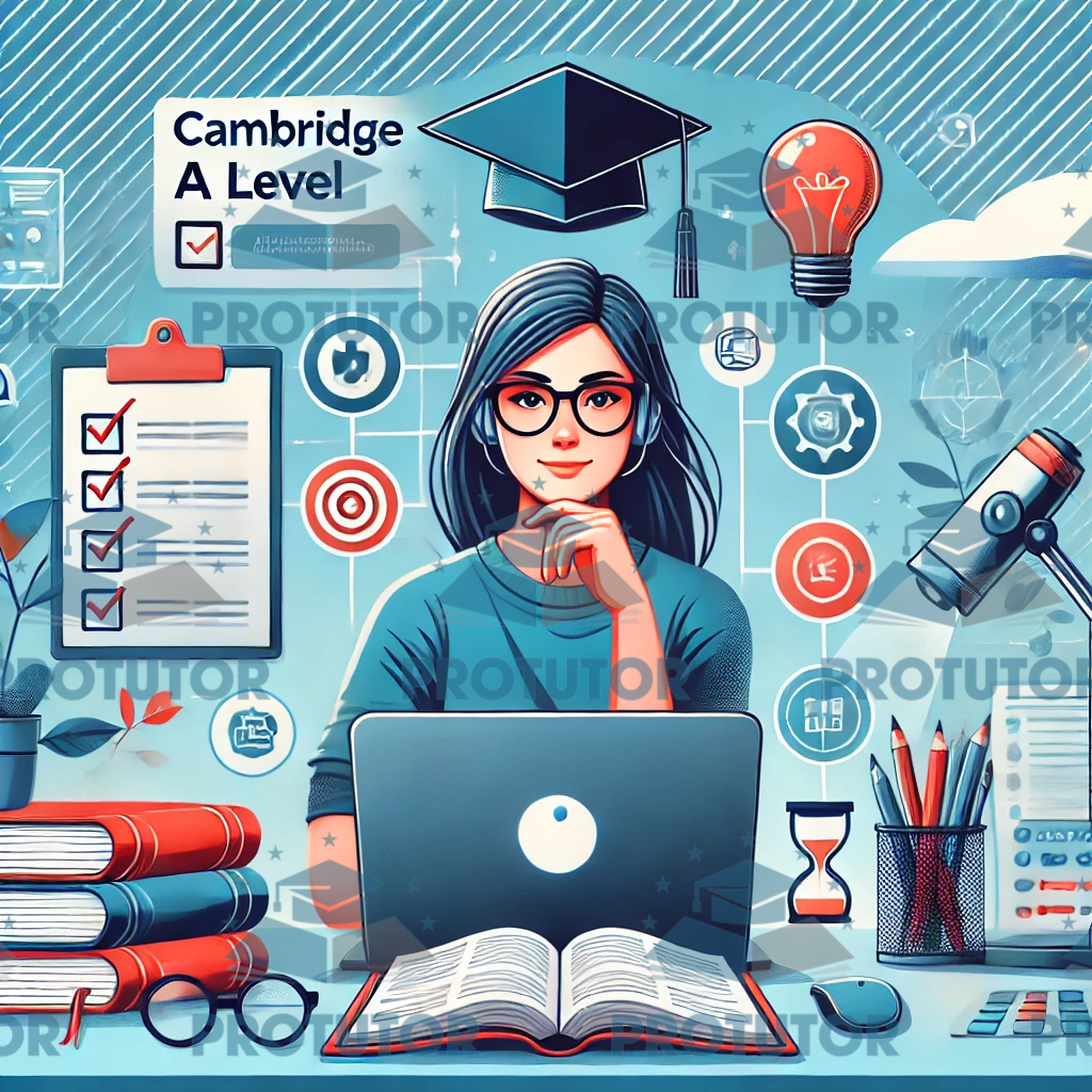 A student confidently preparing for Cambridge A Level exams, seated at a desk with books, a laptop, and notes, while icons like a checklist, lightbulb, and graduation cap appear in the background, highlighting online tutoring elements.