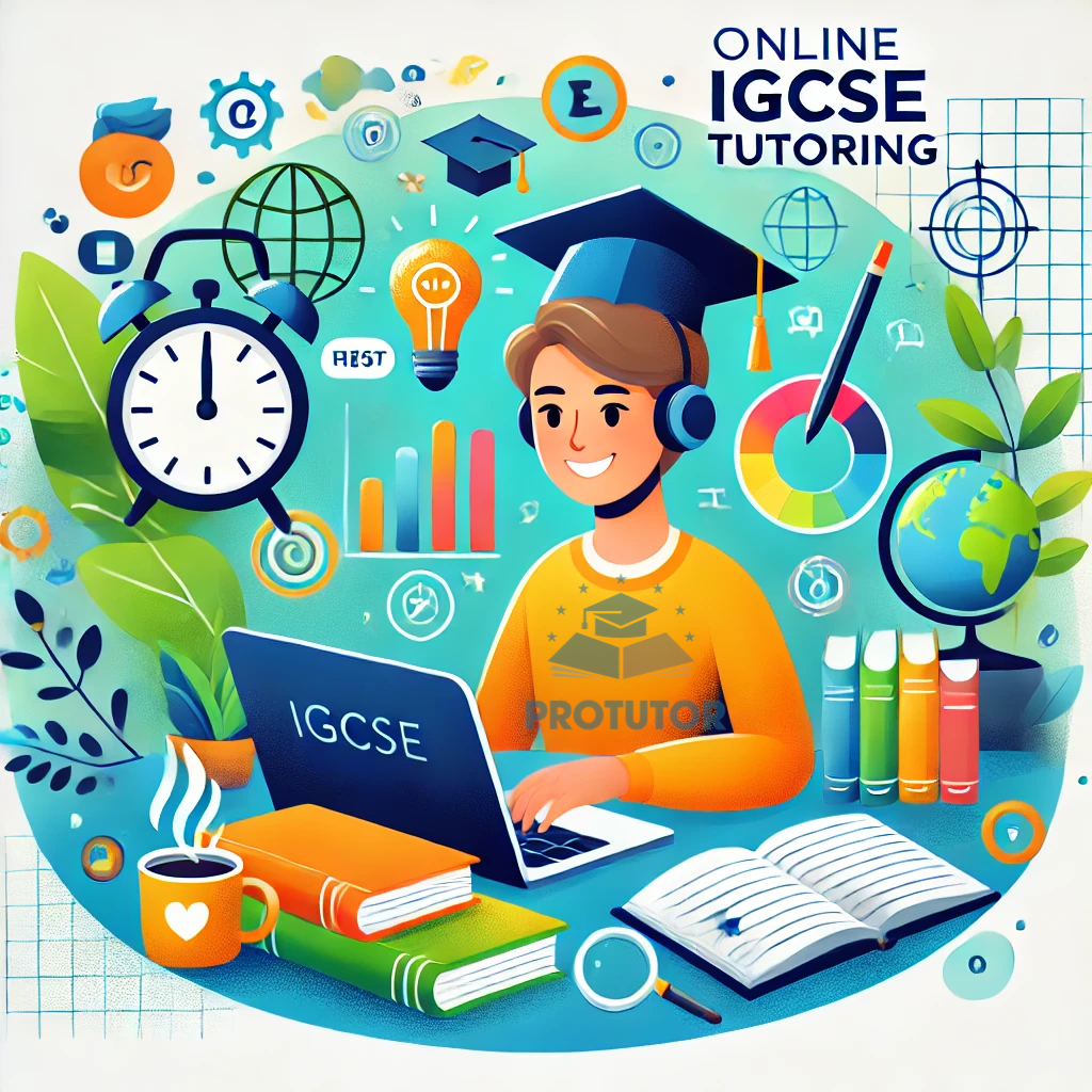 A smiling student working on a laptop at a tidy desk with books and a notebook, representing online IGCSE tutoring, with icons of education in the background.