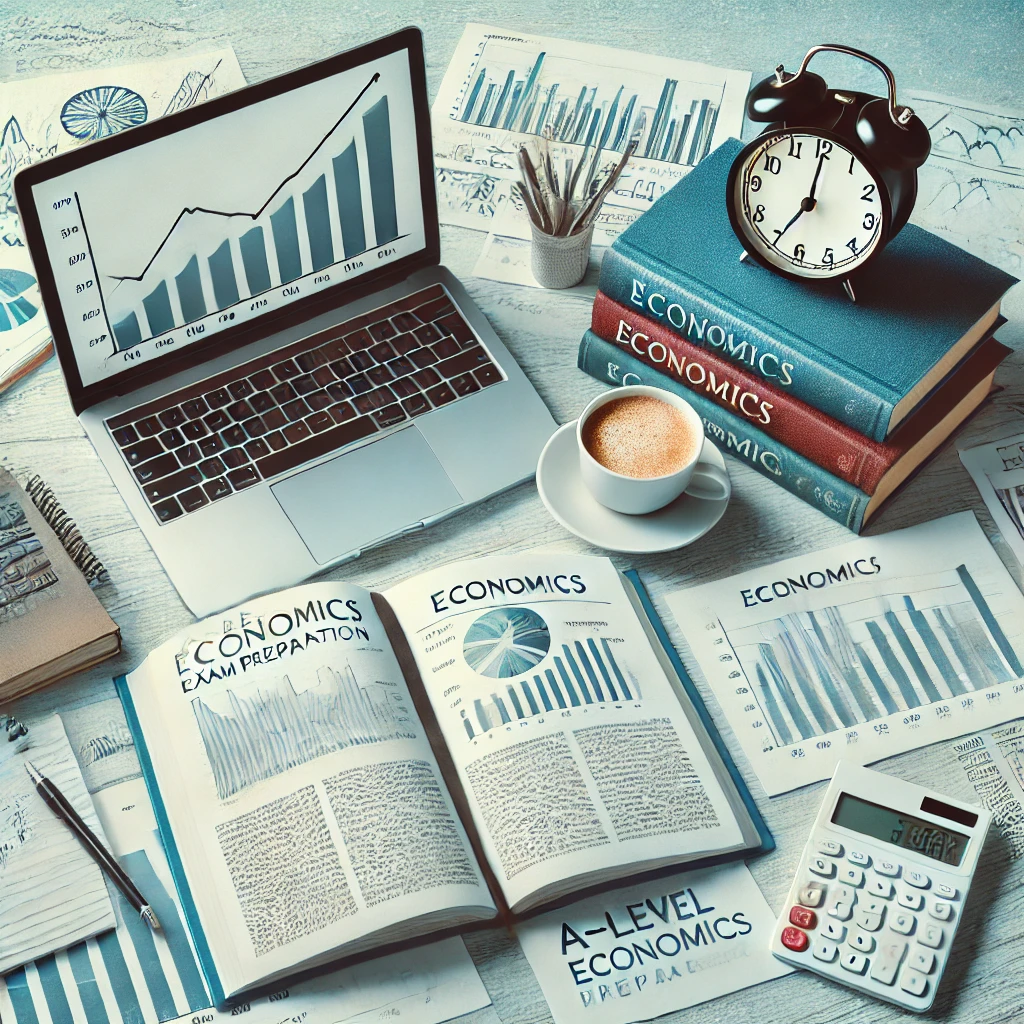 A study desk with open economics textbooks, a laptop displaying economic graphs, a notepad with handwritten notes, a small clock, and a cup of coffee, symbolizing focused study time. The background subtly features financial charts and graphs, creating a professional and educational theme.