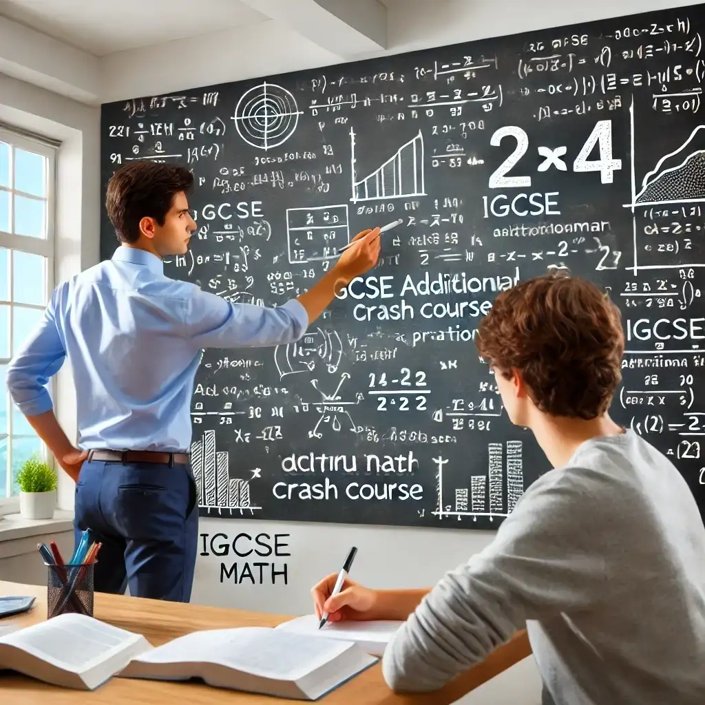 Student solving complex math equations on a whiteboard with a tutor assisting, representing IGCSE Additional Math crash course preparation.