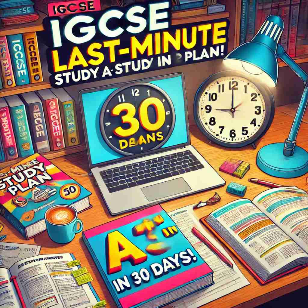 A visually appealing study desk setup with IGCSE books, a laptop, a clock showing 30 days remaining, and a student's revision notes. The scene has a focused study atmosphere with an overlay text: 'IGCSE Last-Minute Study Plan – Get A* in 30 Days!